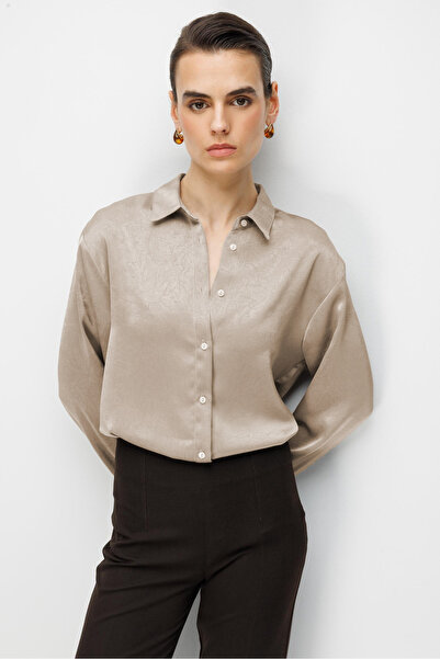 Mixray 4815 Women's Satin Kraş Shirt Beige