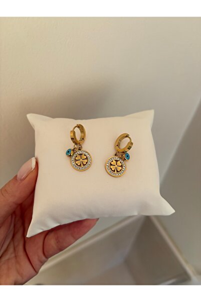 LARİS ACCESSORİES Nazar Boncuklu Taşlı Yoncalı Gold Çelik Küpe