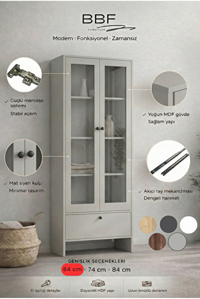 BBF Furniture 64 cm Cam Kapaklı Vitrin ve Kitaplık – 5 Raflı, Çekmeceli, Çok ...