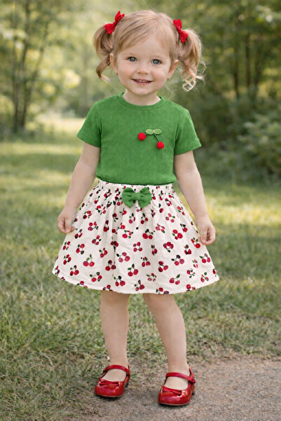 ygz junior Cherry Ribbed Stretchy Bodysuit Muslin Skirt Girls' Two-Piece Summ...
