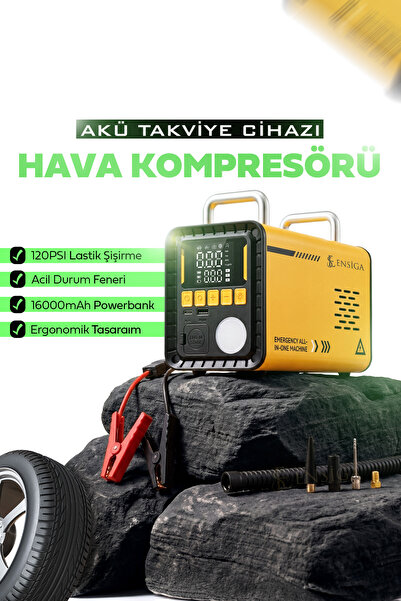 Akü Takviye Cihazı 16000mAh Hava Kompresörü 120PSI Lastik Şişirme Powerbank Acil Durum Seti