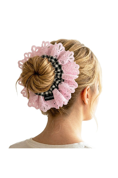woodycord Handmade Pink Lace Gingham Scrunchie Buckle