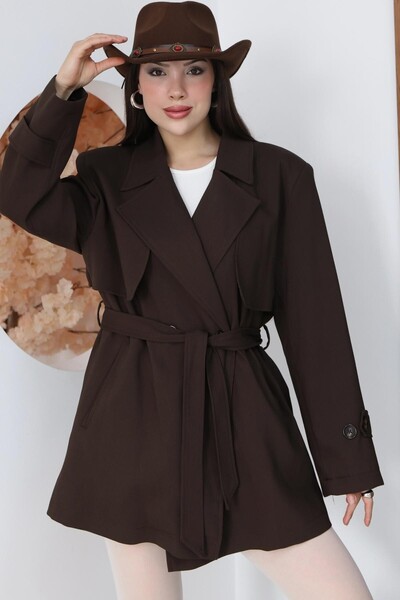 FAMODA Acı Kahve Kruvaze Yaka Kemerli Kısa Trençkot Ceket