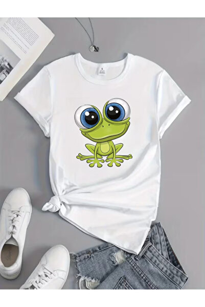 LİNA06 تي شيرت نسائي برقبة دائرية وطباعة نمط أمير الضفدع اللطيف