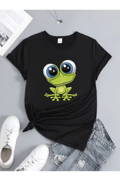 LİNA06 تي شيرت نسائي برقبة دائرية وطباعة نمط أمير الضفدع اللطيف