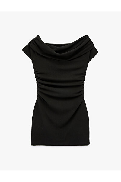 Koton Drape Detailed Sleeveless Off-Shoulder Madonna Collar Mini Crepe Dress