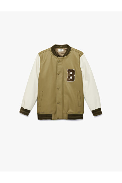 Koton Long Sleeve Crew Neck Leather Look Bomber Jacket