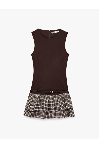 Koton Sleeveless Crew Neck Bodycon Belt Detailed Flounce Mini Dress