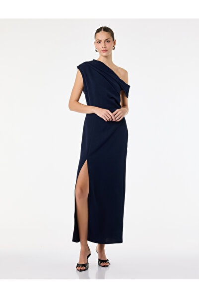 Koton One-Shoulder Sleeveless Slit Midi Draped Crepe Dress