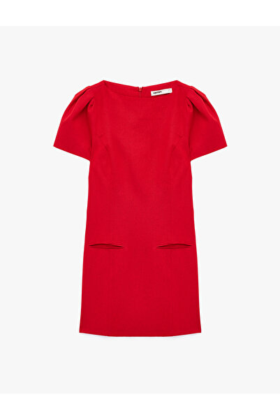 Koton Viscose Linen Blend Pocket Detailed A-Line Short Balloon Sleeve Mini Dress