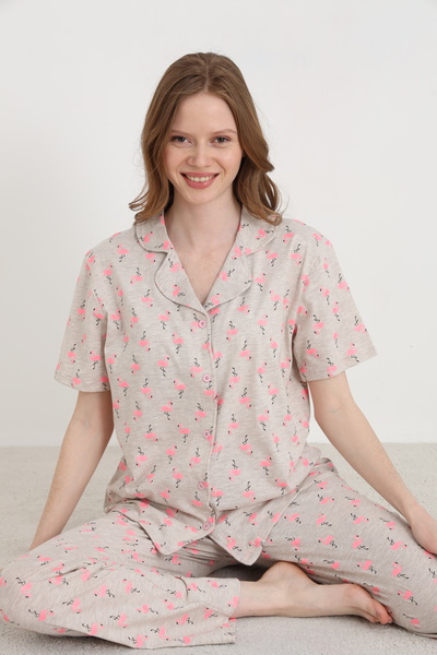 ELİTOL طقم بيجامة نسائية قطنية بأزرار