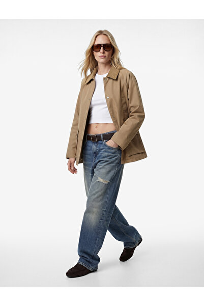 Koton Buttoned Pocketed Velvet Collar Detailed Long Sleeve Gabardine Barn Jacket