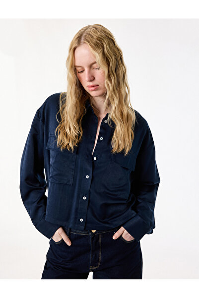 Koton Regular Fit Long Sleeve Covered Pocket Detail Satin Cropped Shirt