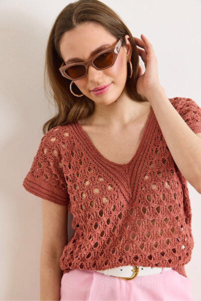 Olalook Women's Dusty Rose V-Neck Openwork Cotton Knitwear Blouse Blz-19003284