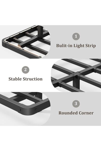 Yanara modern bed: floating metal frame, smart LEDs, charging hub. Easy setup, no box spring.