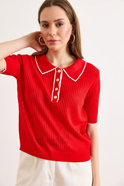 Olalook Women's Red Stripe Detailed Polo Collar Openwork Knitwear Blouse Blz-...