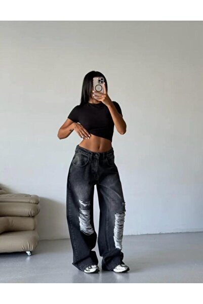 yesmoda Fume Laser Washed Ripped Baggy Jean Smoked