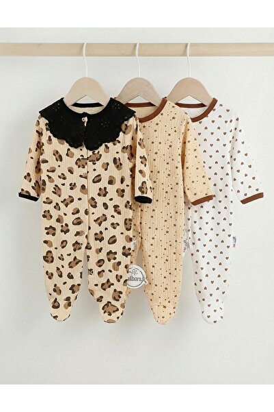 MiniKids Set 3 salopete, cu botosei, Leopard, multicolor