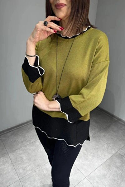 Bİ.GİYSEN Women's Oil Green Crew Neck Skirt and Ribbed Lycra Thin Knitwear wi...