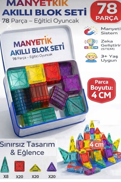 SİNKA Manyetik Yapı Blokları 3D Mıknatıslı 78 Parça 4Cm Blok Çocuk İçin Mini ...