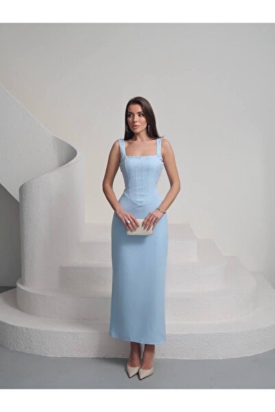 conconmoda Romane Taşlı Tasarım Kare Yaka Siyah Uzun Elbise