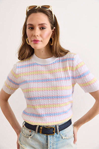 Olalook Bluză de damă, albă, cu gât tip bicicletă, cu dungi, tricotată sezoni...