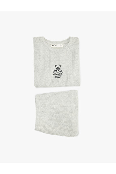 Koton Short Sleeve Crew Neck Teddy Bear Detailed Shorts Pajama Set