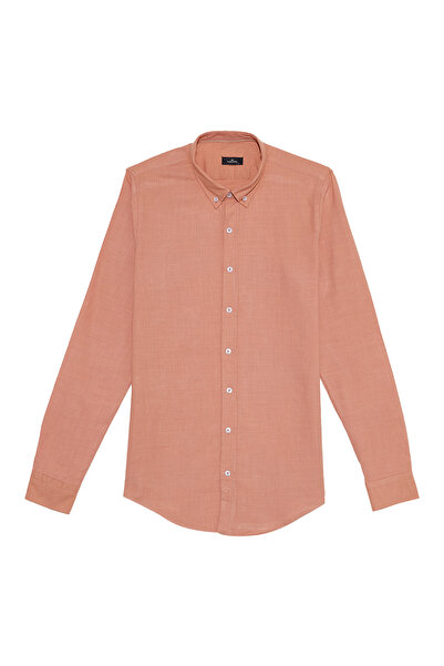 Tudors Men's Slim Fit 100% Cotton Buttoned Collar Flam Linen Orange Shirt