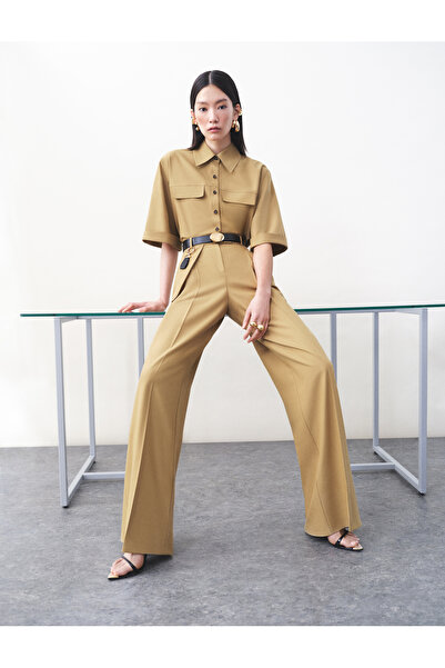 Koton High Waist Pocket Detailed Belted Wide Leg Fabric Trousers