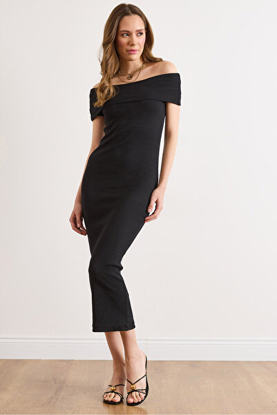 Olalook Rochie neagră pentru femei, cu guler tip Madonna, maxi, elastică, cu ...