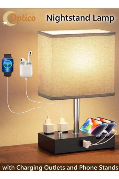 Generic مصباح طاولة جانبي قابل للتعتيم مع منفذ شحن وحامل هاتف