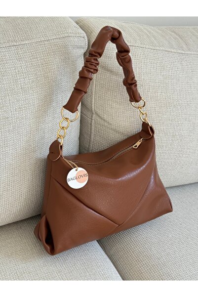 BAGLOVİS Kadın Taba Büzgülü Omuz Çantası Altın Zincir Detaylı Yumuşak Deri Şı...