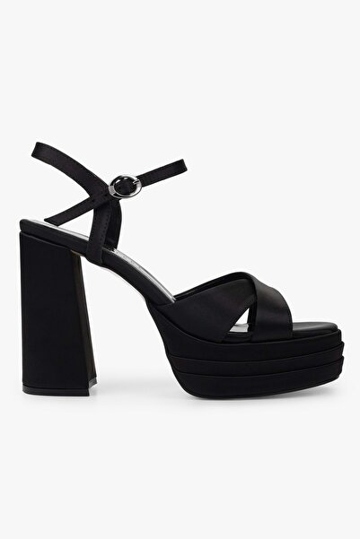 Shoeberry Women's Eliva Black Satin Platform Heeled Shoes