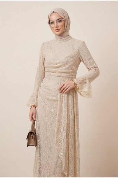 Modamorfo Sleeve cuff flounced front draped lined lace dress -light mink