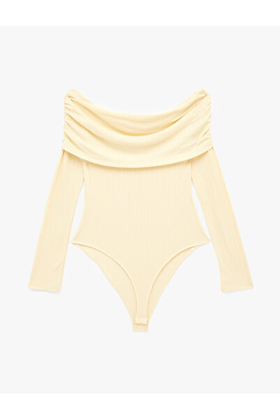 Koton Slim Fit Drape Detailed Long Sleeve Madonna Collar Off-The-Shoulder Bod...