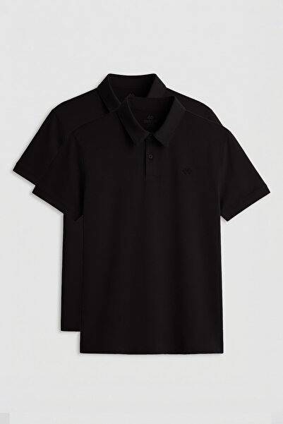 TOMMY LIFE Ανδρικό T-Shirt Standard Fit Basic Polo Neck 2-pack Μαύρο - 87748