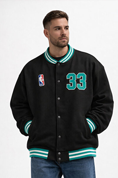 More Black Unisex College Jacket Relaxed Fit Buttoned Casual Oversize Bomber ...