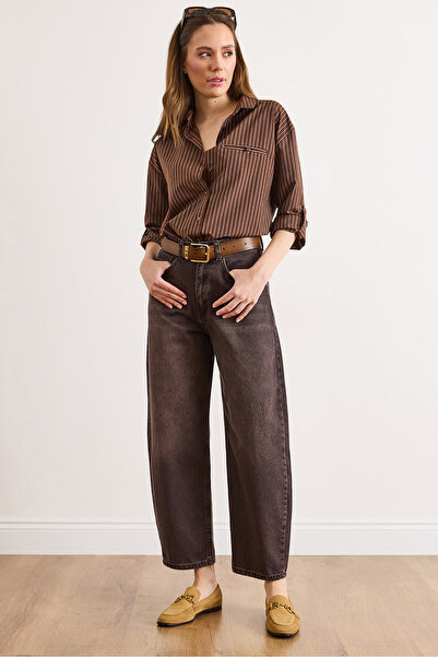 Olalook Blugi de damă maro cu talie înaltă și buzunare JEA-19000131