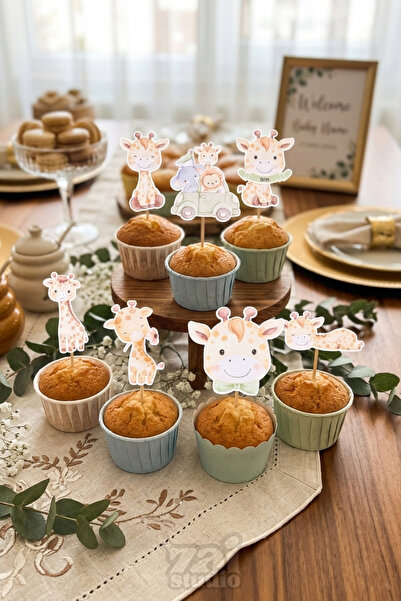 ZaiStudio Zürafa Temalı Kişiye Özel Cupcake Süsü | 8 Adet İsimli Pasta Üstü K...