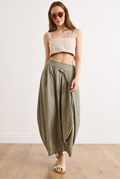 Olalook Γυναικεία Χακί Μποέμ Φούστα με Ελαστική Μέση, Λεπτομέρεια με Κουμπιά,...