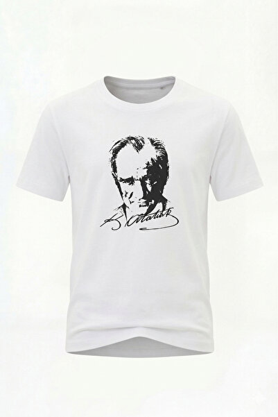 SAAT TEKSTİL Tricou alb unisex cu imprimeu siluetă Ataturk – Design special (...