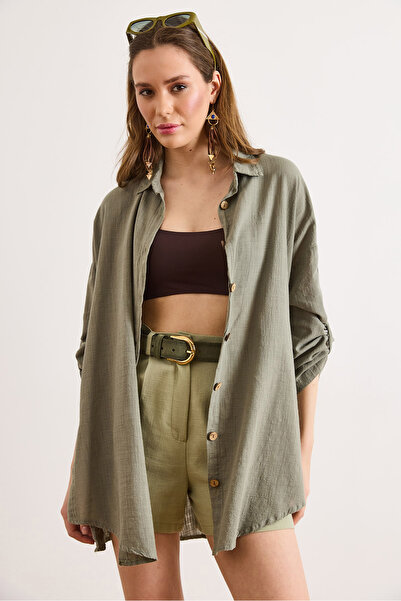 Olalook Women's Khaki Boho Washed 100% Cotton Loose Fit Shirt with Buttons on...