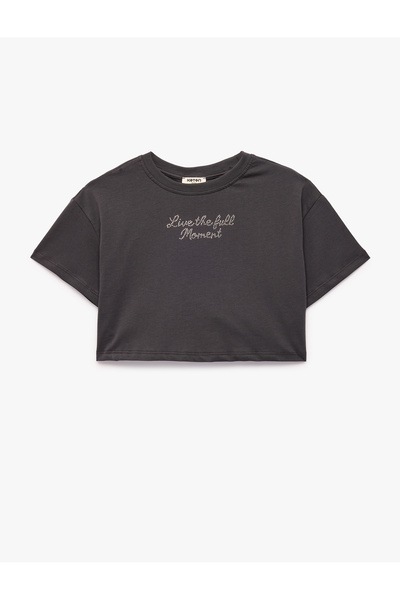 Koton Tricou crop cu mânecă scurtă, cu guler tip bicicletă, din bumbac, cu de...