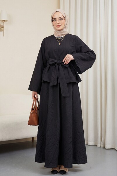 Modamorfo Single Button Belted Skirt Suit - Black