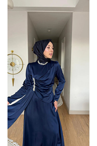 Butik Yeni Sezon Lacivert Saten Kumaş Taşlı Abiye Modelimiz