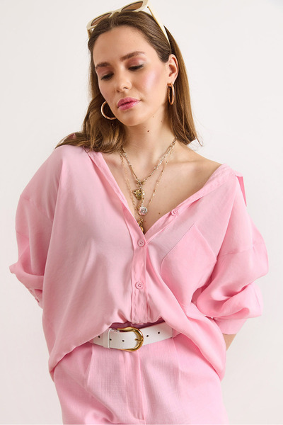 Olalook Women's Pink Oversized Flowy Modal Shirt with Pleated Back Gml-19001433