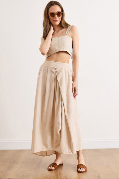 Olalook Women's Stone Boho Elastic Waist Button Detailed Washed 100% Cotton S...