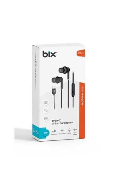 Universal BIX HF01C-BK Type-C أسود 14MM EXTRA BASS سماعة أذن مع ميكروفون