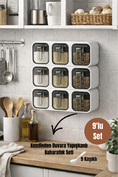 Blackstar 9'Lu Kendinden Duvara Yapışkanlı Kaşıklı Baharatlık Takımı - Kapakl...