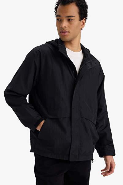 DeFacto D6305Axbk27 Black Water Repellent Hooded Raincoat
